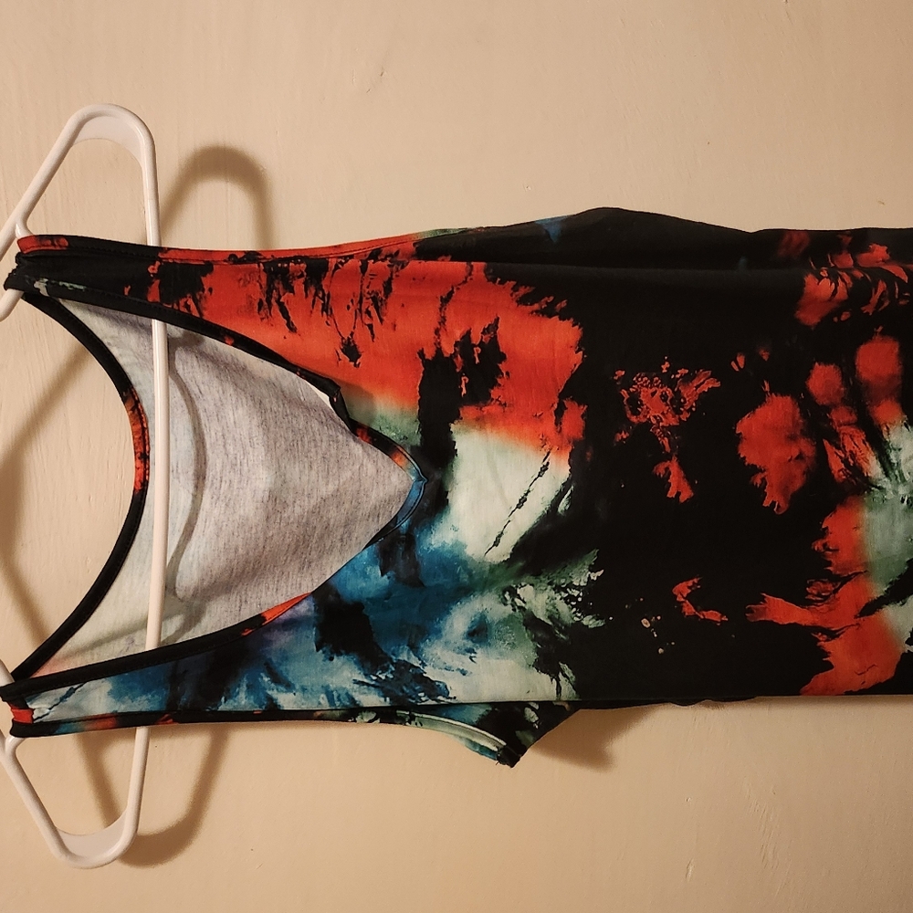 SHEIN Black Tie-Dye Tank Top with Red and Blue Accents
